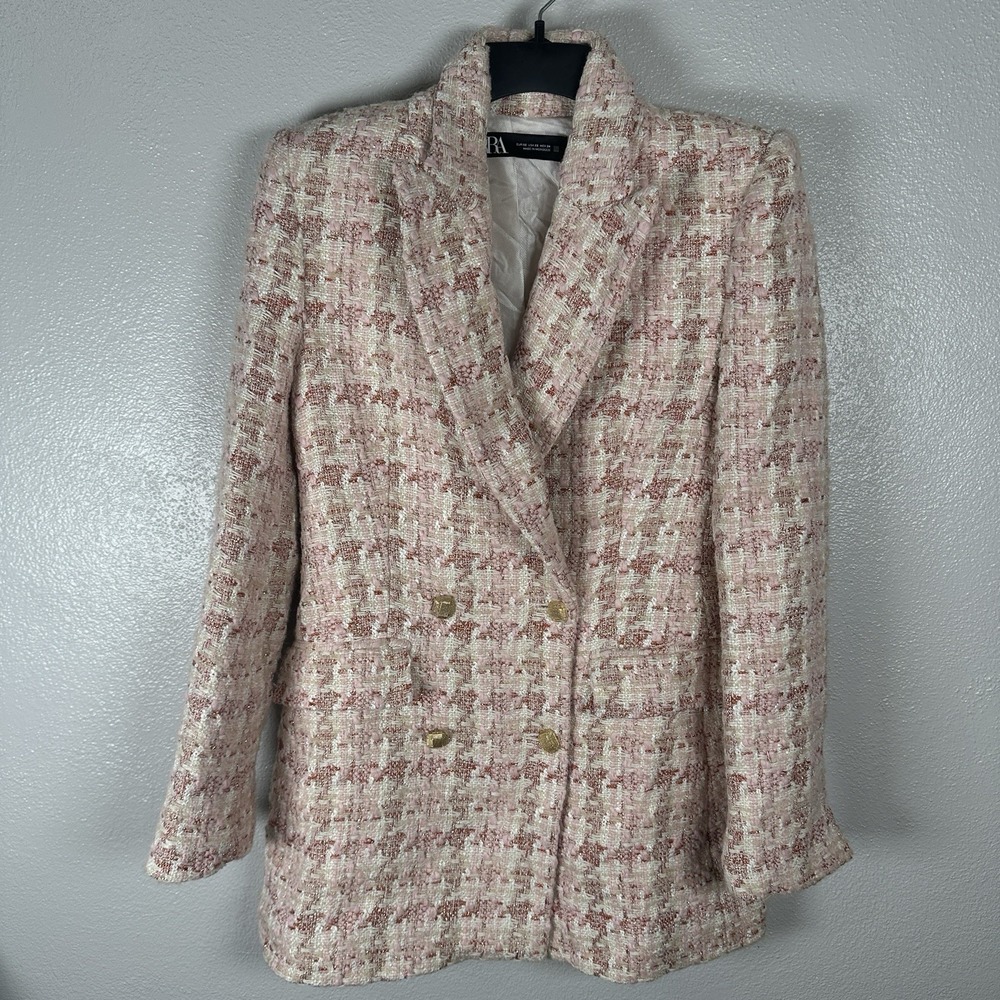Zara Double Breasted Textured Tweed Blazer Jacket Womens Sz XS Pink Gold Button